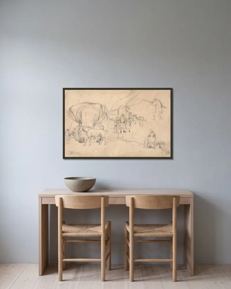 Blatt mit Skizzen; Wagen, Pferd, Milchmagd und andere Figurenstudien von James Ward gerahmt an einer Wand