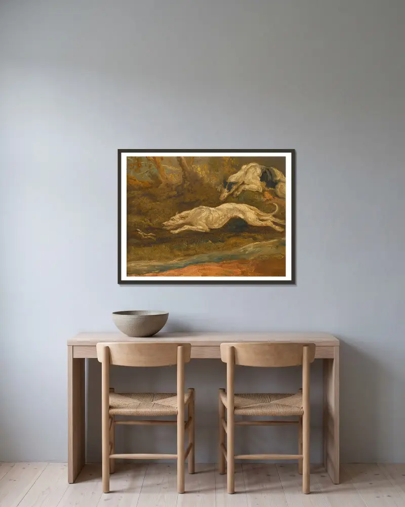 The Escape; Two Greyhounds Coursing A Hare av James Ward inramad på en vägg