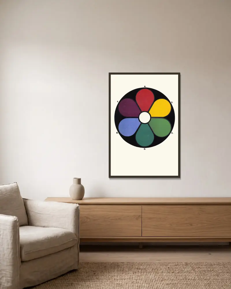 The Primaries, Red, Green and Ultramarine-Blue, with their Complementaries, or Secondaries, Blue-Green, Purple and Yellow. av James Ward inramad på en vägg