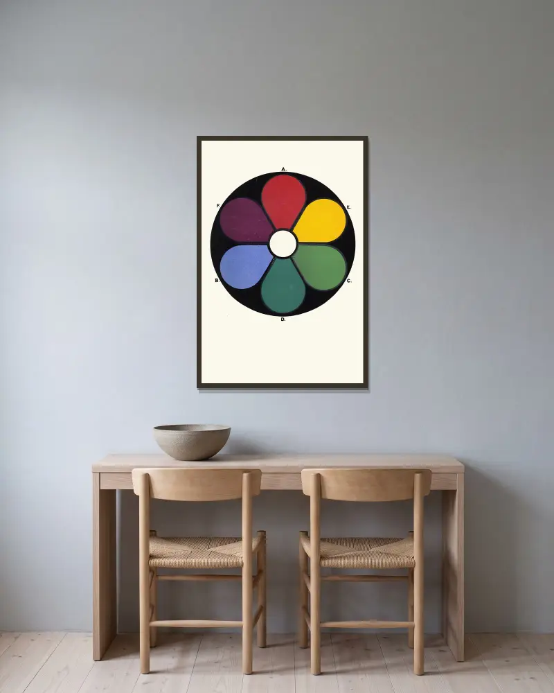The Primaries, Red, Green and Ultramarine-Blue, with their Complementaries, or Secondaries, Blue-Green, Purple and Yellow. av James Ward inramad på en vägg