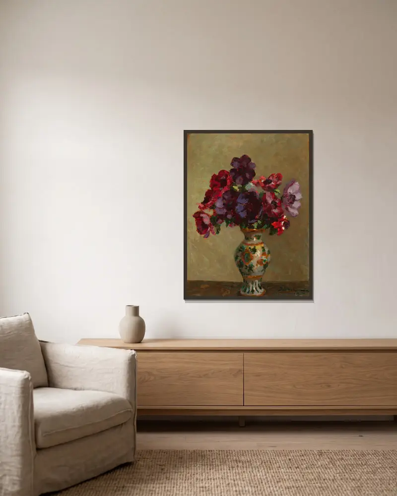 Anemones and patterned flower-vase av Jan Bohuszewicz inramad på en vägg