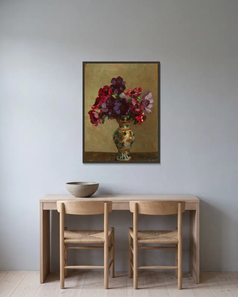 Anemones and patterned flower-vase av Jan Bohuszewicz inramad på en vägg