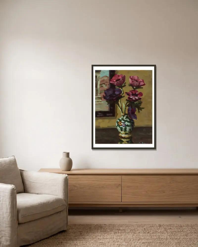 Anemones at a window av Jan Bohuszewicz inramad på en vägg