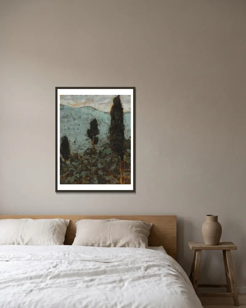 Cypresses under the Mountain av Jan Bohuszewicz inramad på en vägg