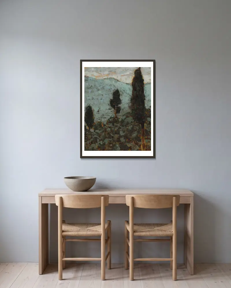 Cypresses under the Mountain av Jan Bohuszewicz inramad på en vägg