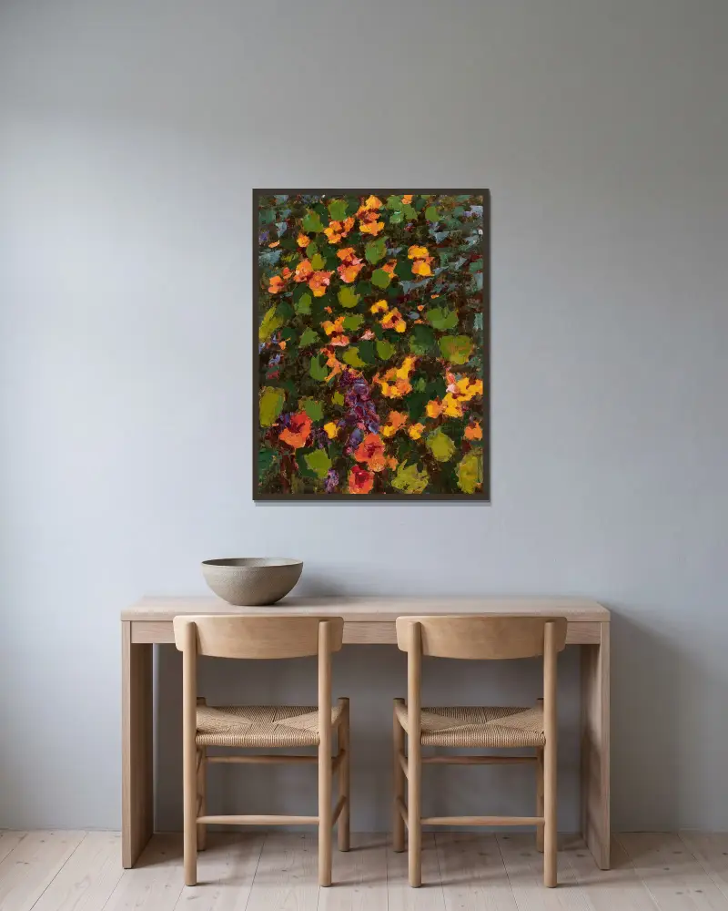 In my garden – Nasturtiums in the sunshine av Jan Bohuszewicz inramad på en vägg