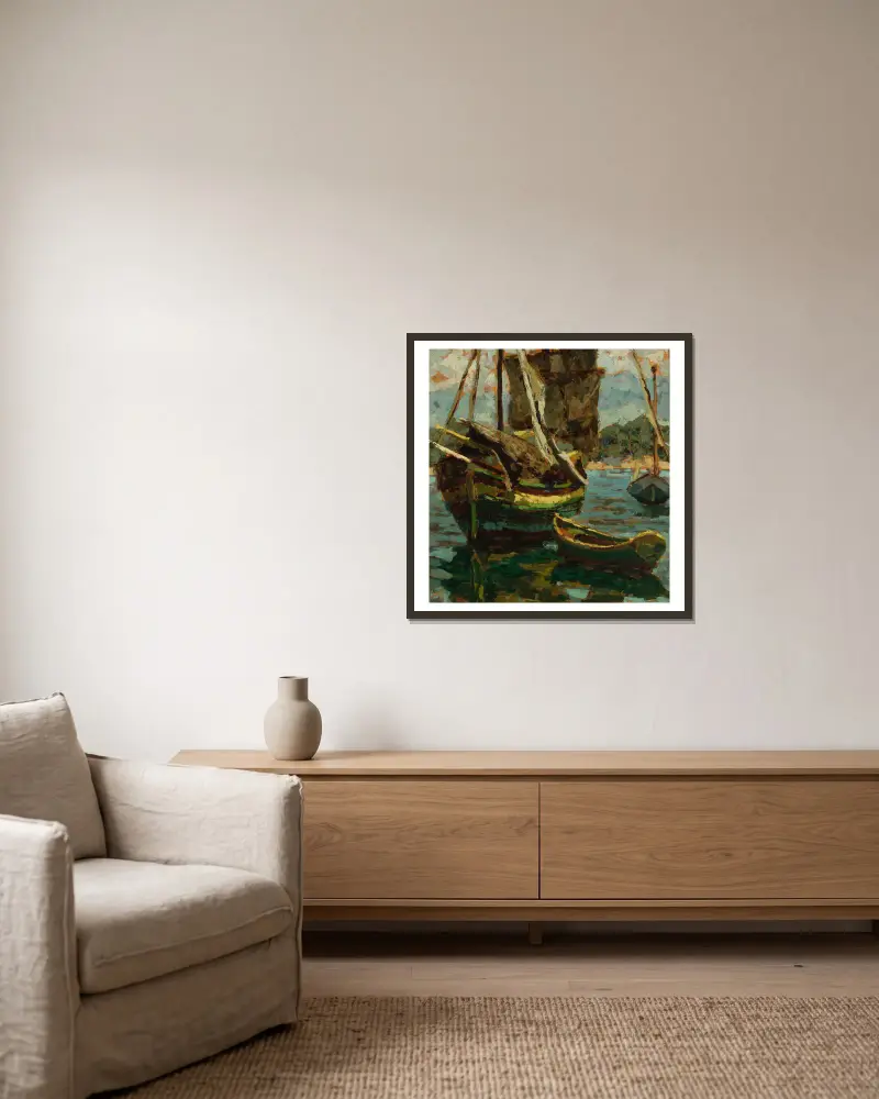 Old Brigantino and two boats av Jan Bohuszewicz inramad på en vägg