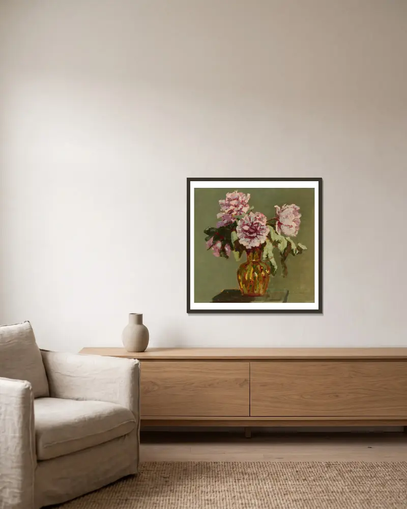Peonies and small yellow flower-vase av Jan Bohuszewicz inramad på en vägg
