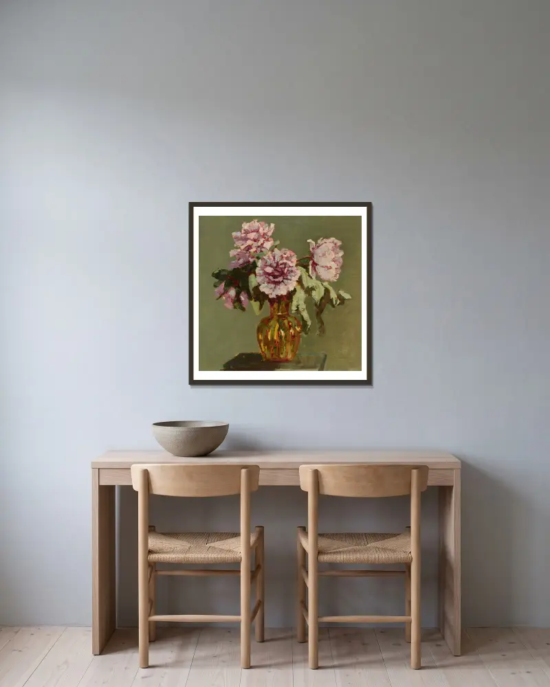 Peonies and small yellow flower-vase av Jan Bohuszewicz inramad på en vägg