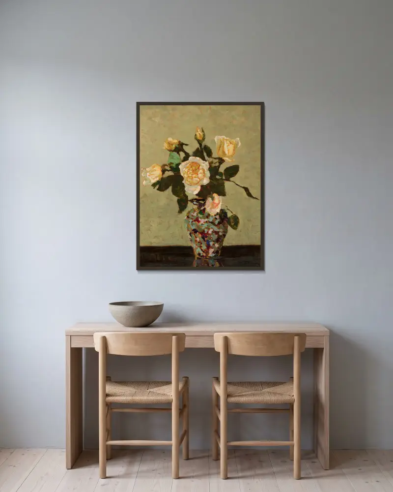 Tea roses and flower-vase from Murano av Jan Bohuszewicz inramad på en vägg