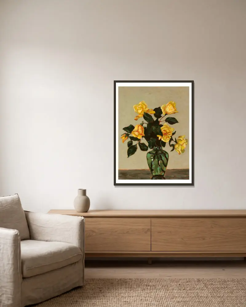 Yellow roses and green flower-vase av Jan Bohuszewicz inramad på en vägg