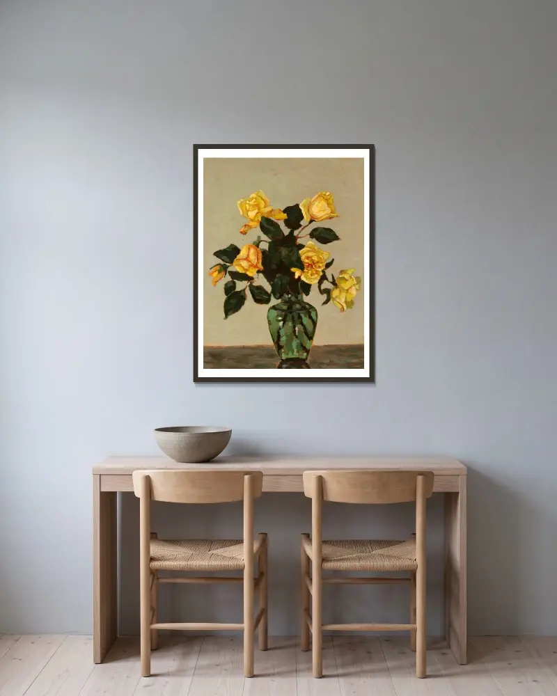 Yellow roses and green flower-vase av Jan Bohuszewicz inramad på en vägg