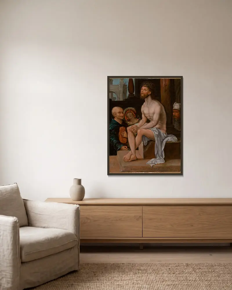 Christus auf dem kalten Stein von Jan Gossaert gerahmt an einer Wand