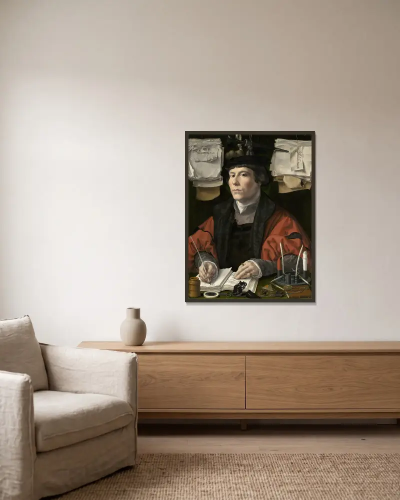 Portrait of a Merchant av Jan Gossaert inramad på en vägg