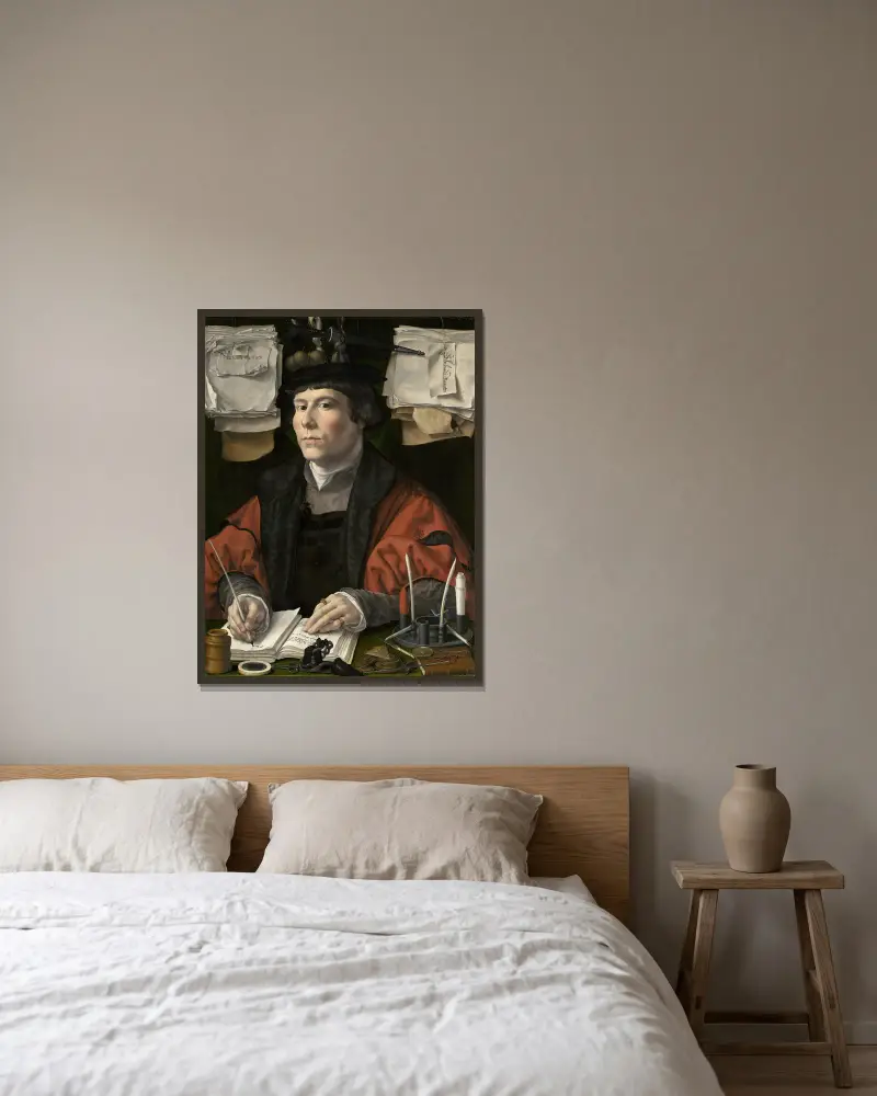 Portrait of a Merchant av Jan Gossaert inramad på en vägg