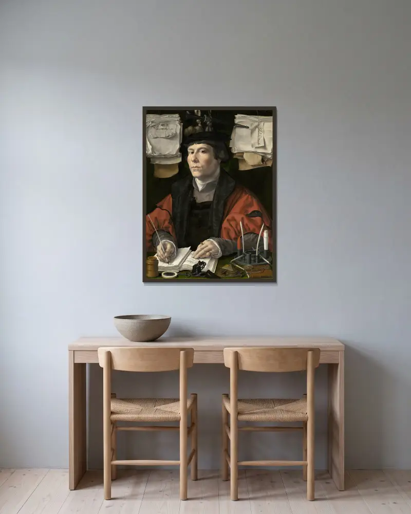 Portrait of a Merchant av Jan Gossaert inramad på en vägg