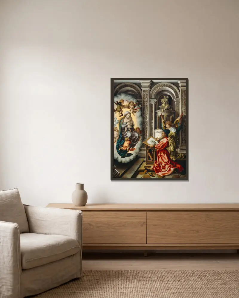 St. Luke Painting the Madonna av Jan Gossaert inramad på en vägg