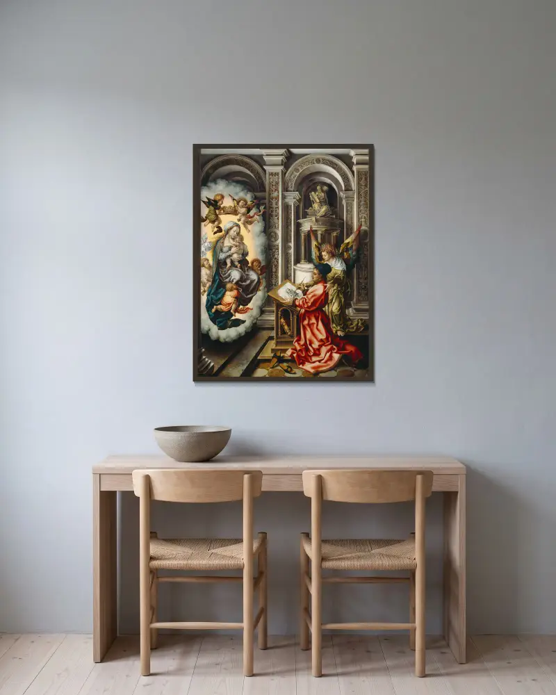 St. Luke Painting the Madonna av Jan Gossaert inramad på en vägg
