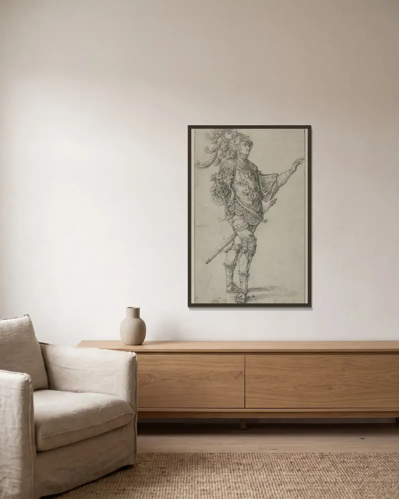 Stehender Krieger von Jan Gossaert gerahmt an einer Wand