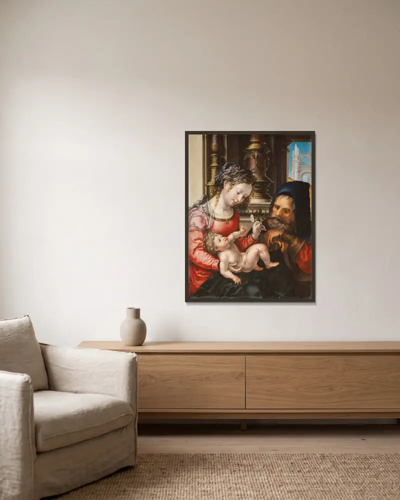 The Holy Family, 1525 av Jan Gossaert inramad på en vägg