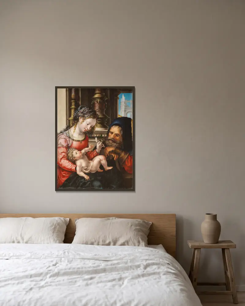 The Holy Family, 1525 av Jan Gossaert inramad på en vägg