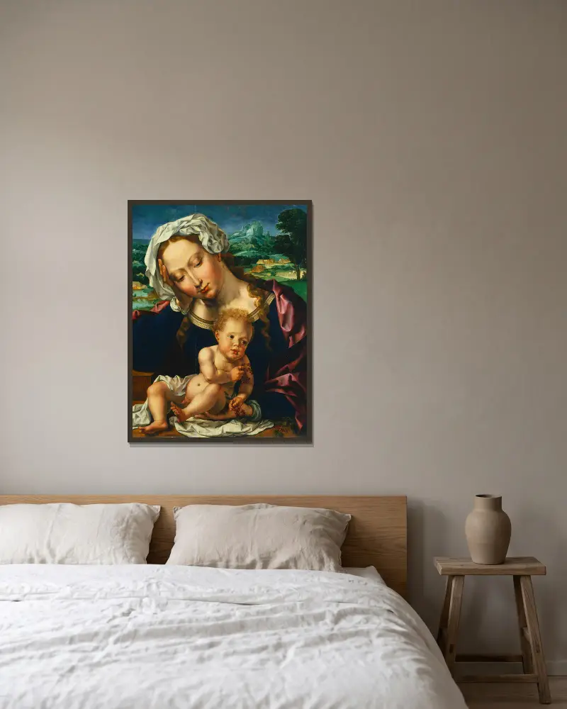 Virgin and Child in a Landscape av Jan Gossaert inramad på en vägg