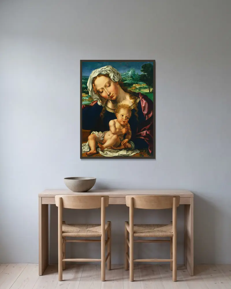 Virgin and Child in a Landscape av Jan Gossaert inramad på en vägg