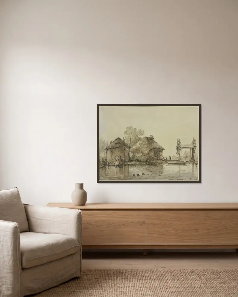 Ein Haus mit Scheune an einem Kanal und eine Schleuse mit zwei Rädern von Jan Hulswit gerahmt an einer Wand