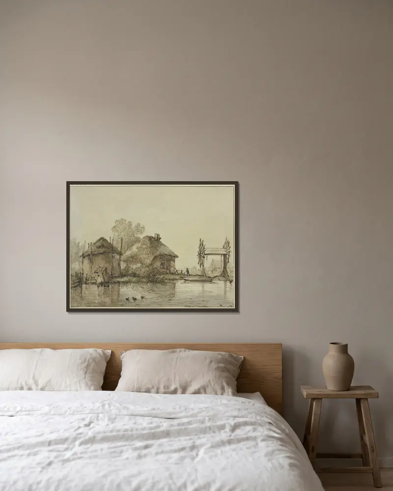 Ein Haus mit Scheune an einem Kanal und eine Schleuse mit zwei Rädern von Jan Hulswit gerahmt an einer Wand