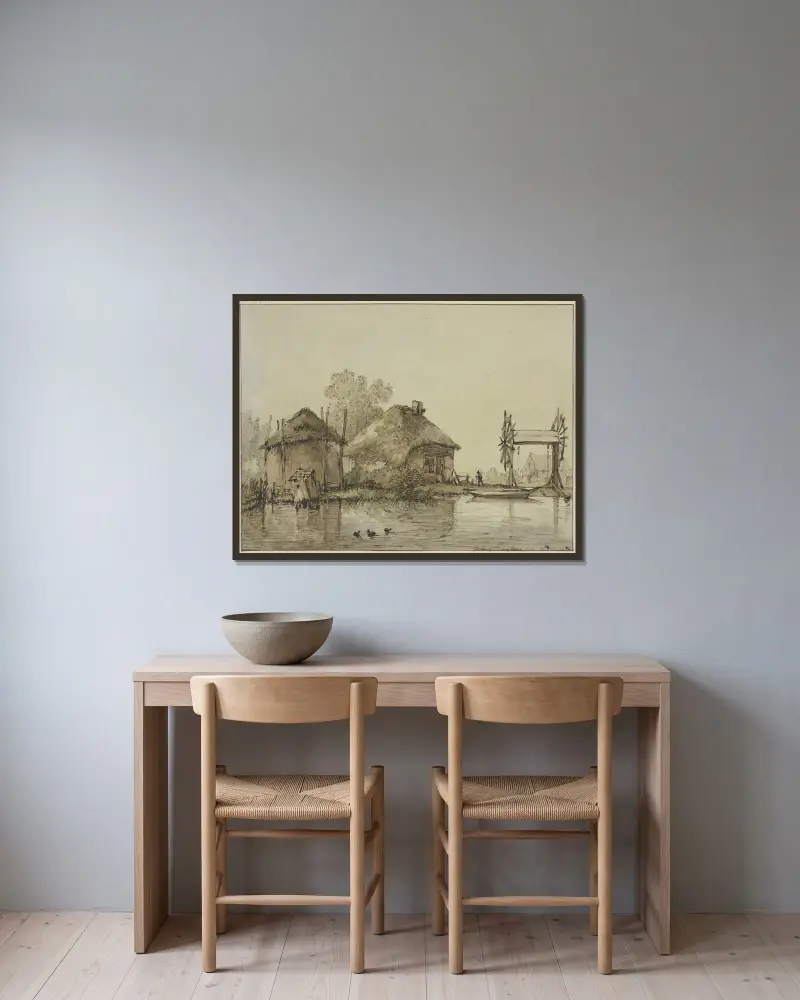 Ein Haus mit Scheune an einem Kanal und eine Schleuse mit zwei Rädern von Jan Hulswit gerahmt an einer Wand