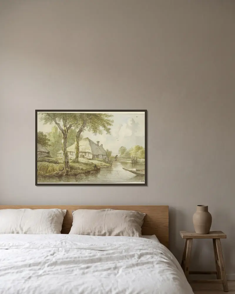 Bei zwei Bäumen ein Haus am Wasser, ein Steg, rechts die Spitze eines Kahnes av Jan Hulswit inramad på en vägg