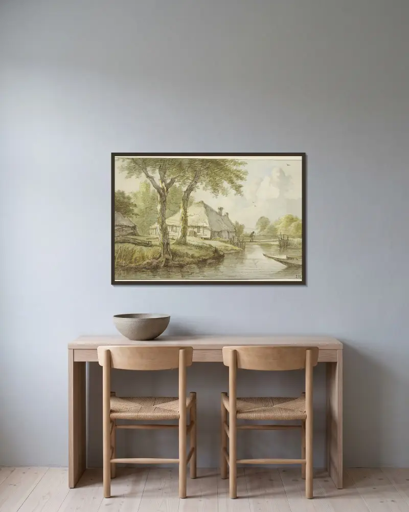 Bei zwei Bäumen ein Haus am Wasser, ein Steg, rechts die Spitze eines Kahnes av Jan Hulswit inramad på en vägg