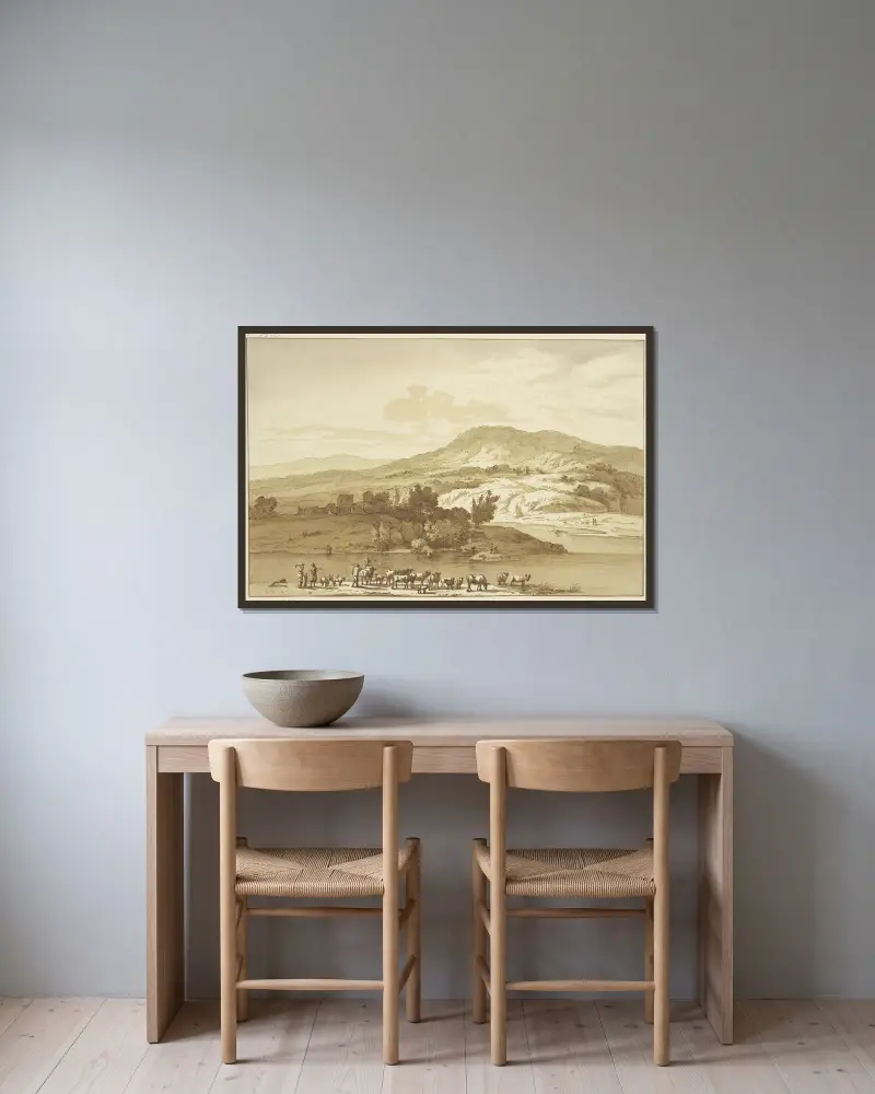 Fluß mit Herde, im Hintergrund Berge av Jan Hulswit inramad på en vägg