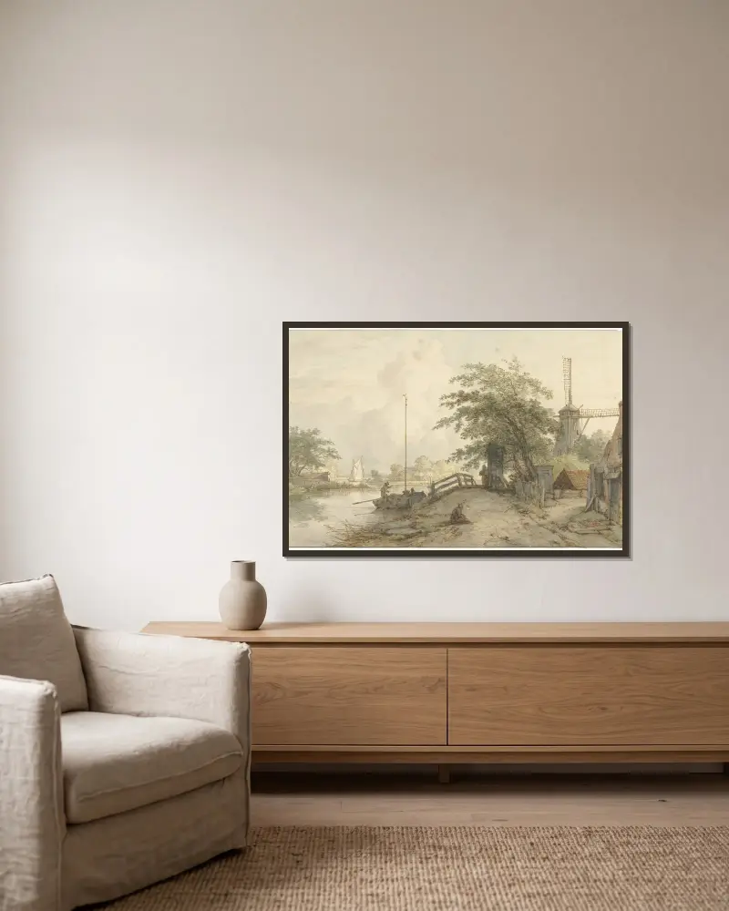 Landschap met bruggetje en huis aan weg langs een water av Jan Hulswit inramad på en vägg
