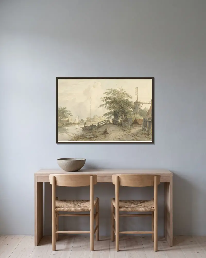 Landschap met bruggetje en huis aan weg langs een water av Jan Hulswit inramad på en vägg