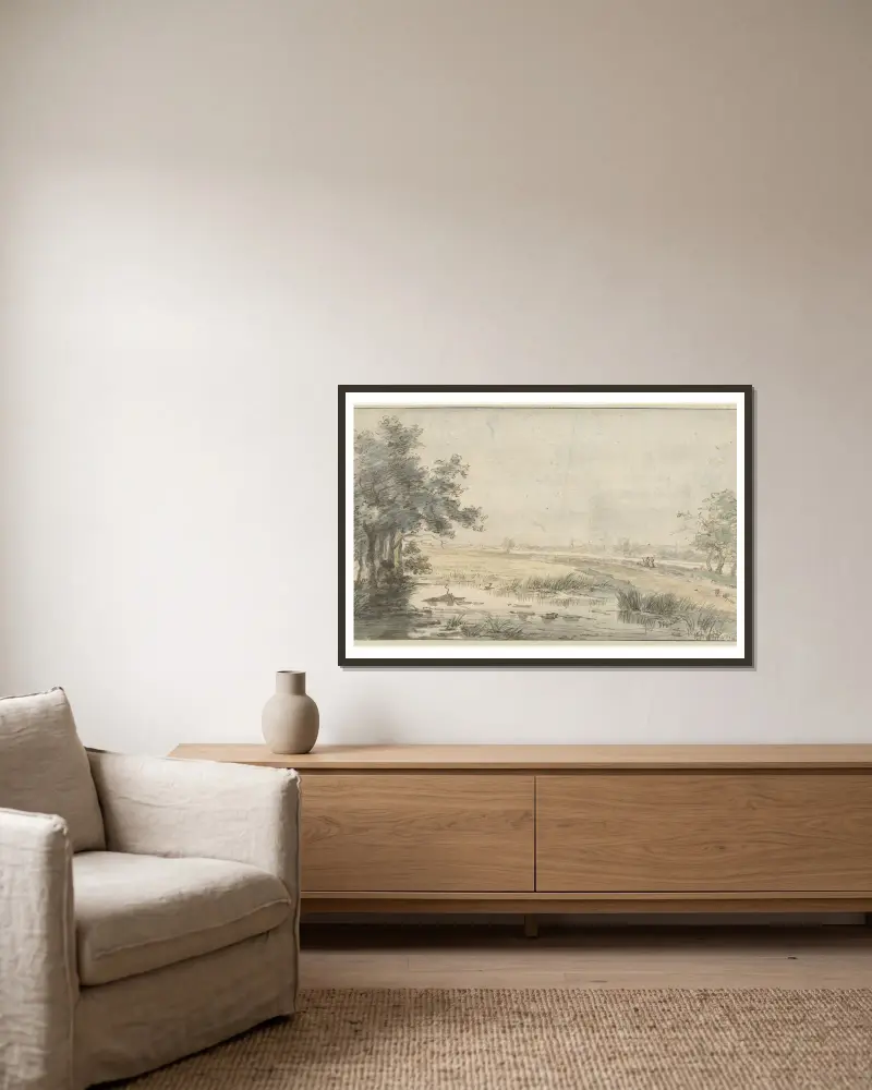 Landschap met een hengelaar aan het water av Jan Hulswit inramad på en vägg