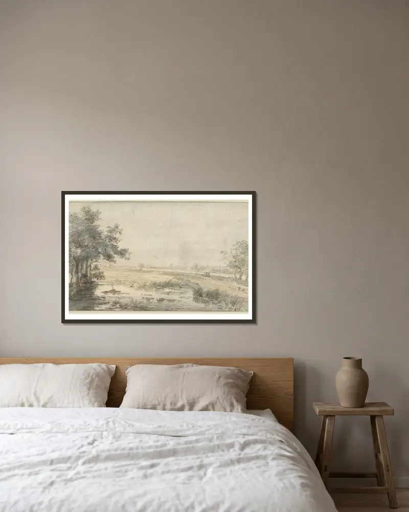 Landschap met een hengelaar aan het water av Jan Hulswit inramad på en vägg