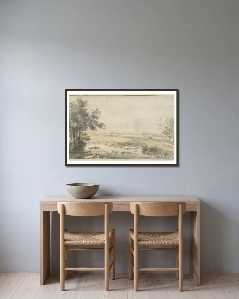 Landschap met een hengelaar aan het water av Jan Hulswit inramad på en vägg
