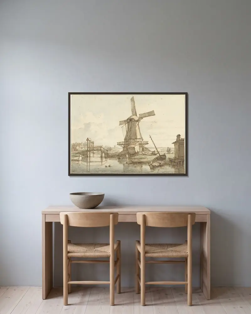 Landschap met windmolen av Jan Hulswit inramad på en vägg