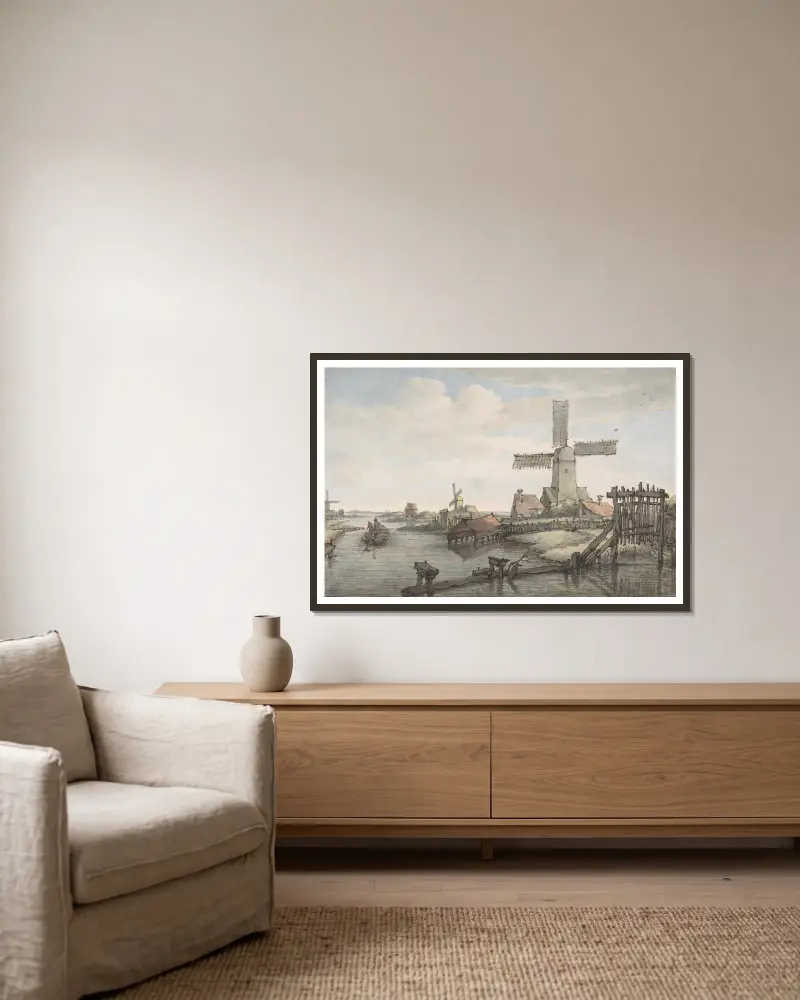 View of a Canal with Three Windmills av Jan Hulswit inramad på en vägg