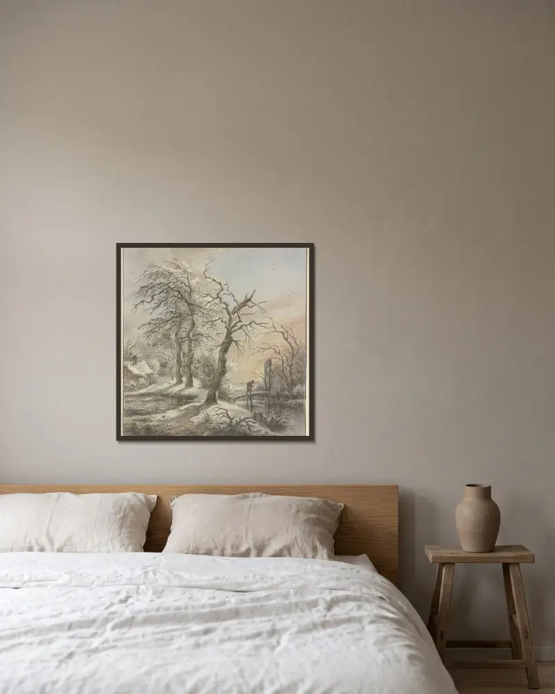 Winterlandschaft, ein Wanderer überquert auf einem Steg einen Bach av Jan Hulswit inramad på en vägg