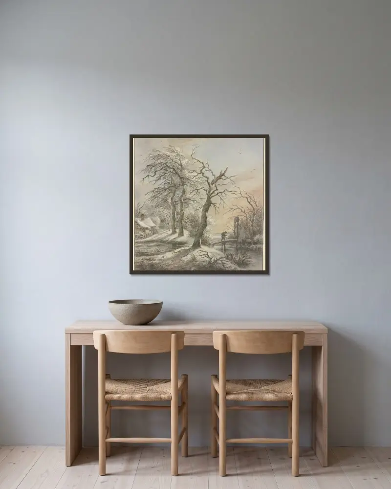 Winterlandschaft, ein Wanderer überquert auf einem Steg einen Bach av Jan Hulswit inramad på en vägg