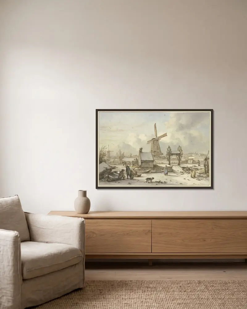 Winterlandschaft mit Schiffhebewerk und Windmühle av Jan Hulswit inramad på en vägg