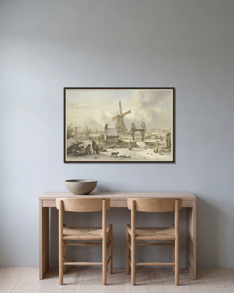 Winterlandschaft mit Schiffhebewerk und Windmühle av Jan Hulswit inramad på en vägg