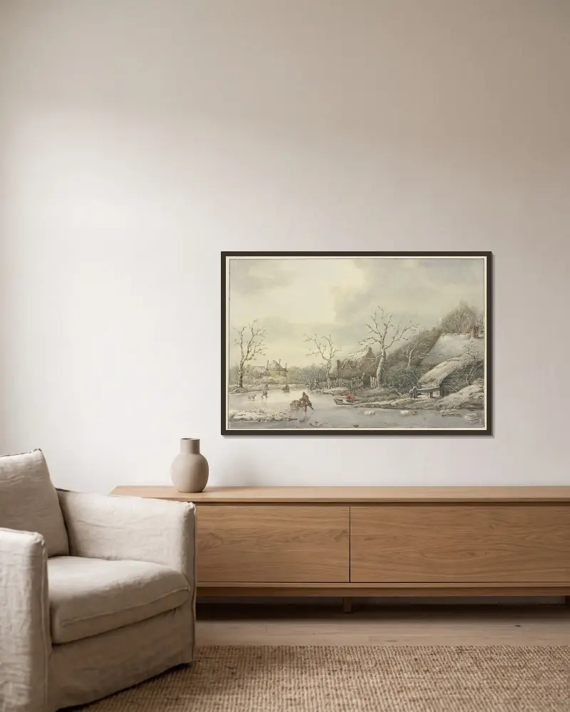 Winterlandschaft mit Schlittschuhläufern auf einem Kanal av Jan Hulswit inramad på en vägg