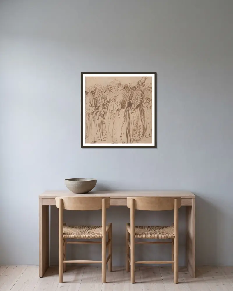 En grupp stående munkar och andra figurer av Jan Lievens inramad på en vägg