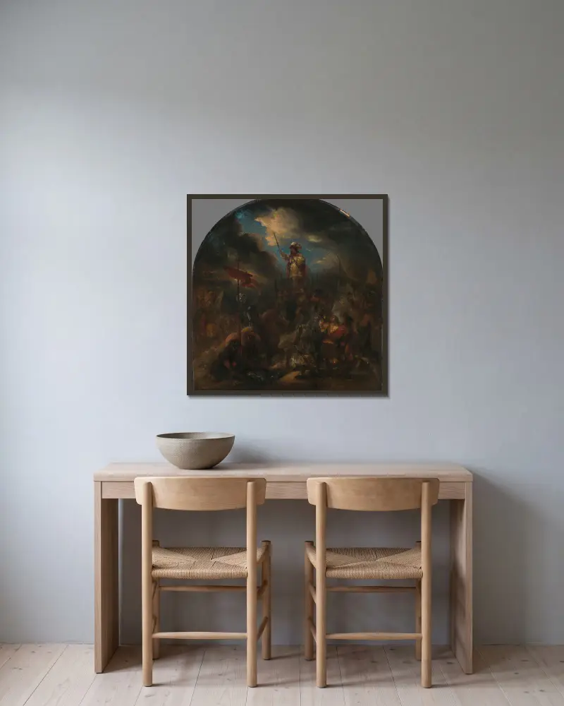 Brinio Raised on a Shield av Jan Lievens inramad på en vägg