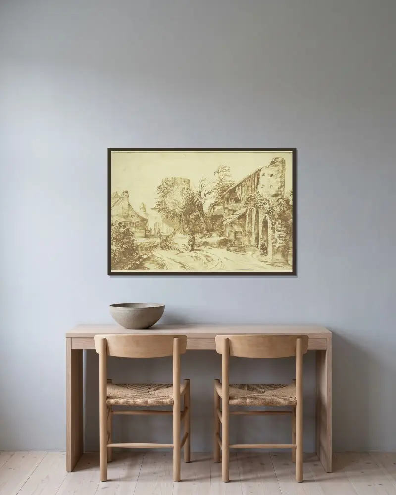 Dorfansicht, rechts eine alte Stadtmauer av Jan Lievens inramad på en vägg