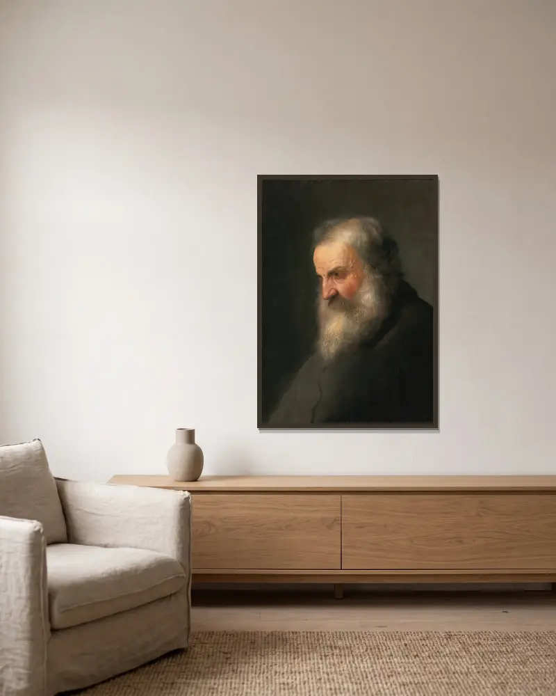 Huvud av en gammal man av Jan Lievens inramad på en vägg