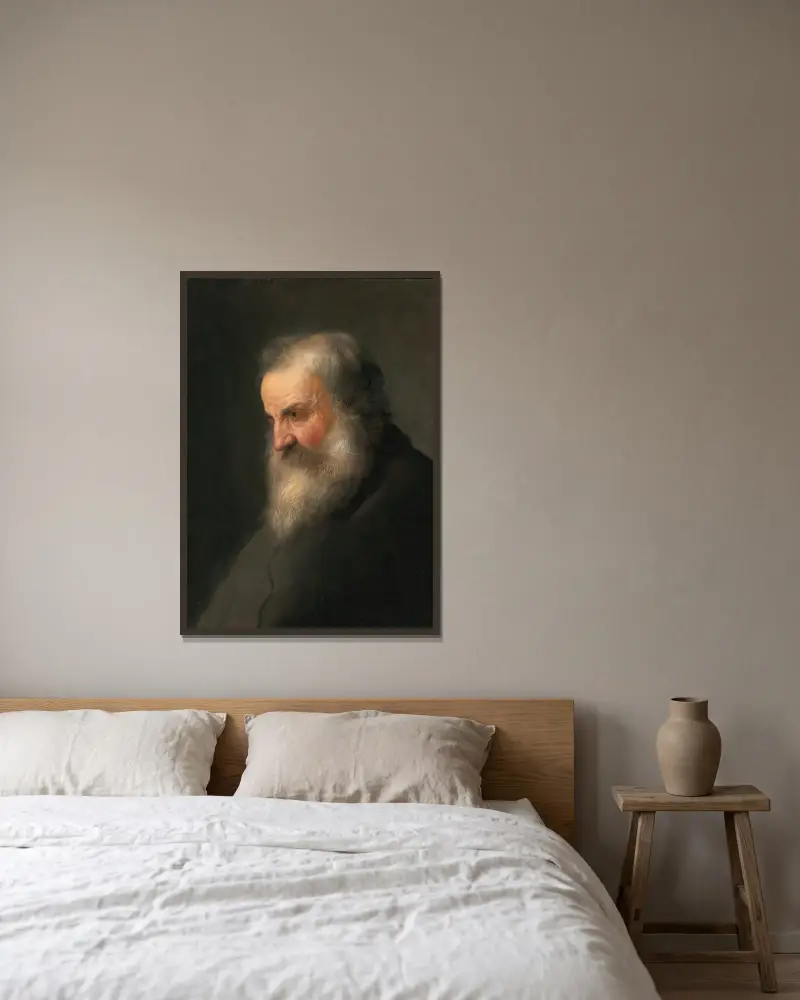 Huvud av en gammal man av Jan Lievens inramad på en vägg